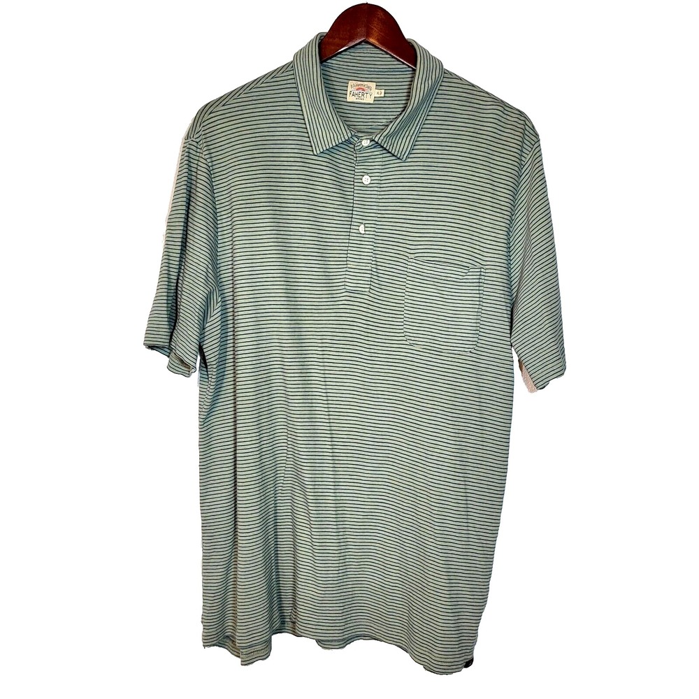 Faherty Blue Green‎ Striped Polo Short Sleeve Front Pocket Cotton Size Size XL